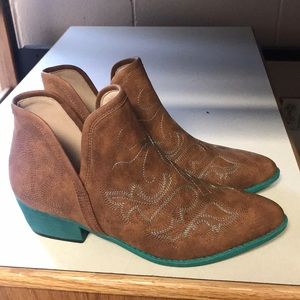 Teal and tan ankle cowgirl boots